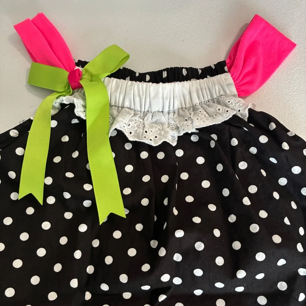 Rare Editions‎ Polka Dot Dress Girls 6 Black Pink Owl Applique Neon Whimsical